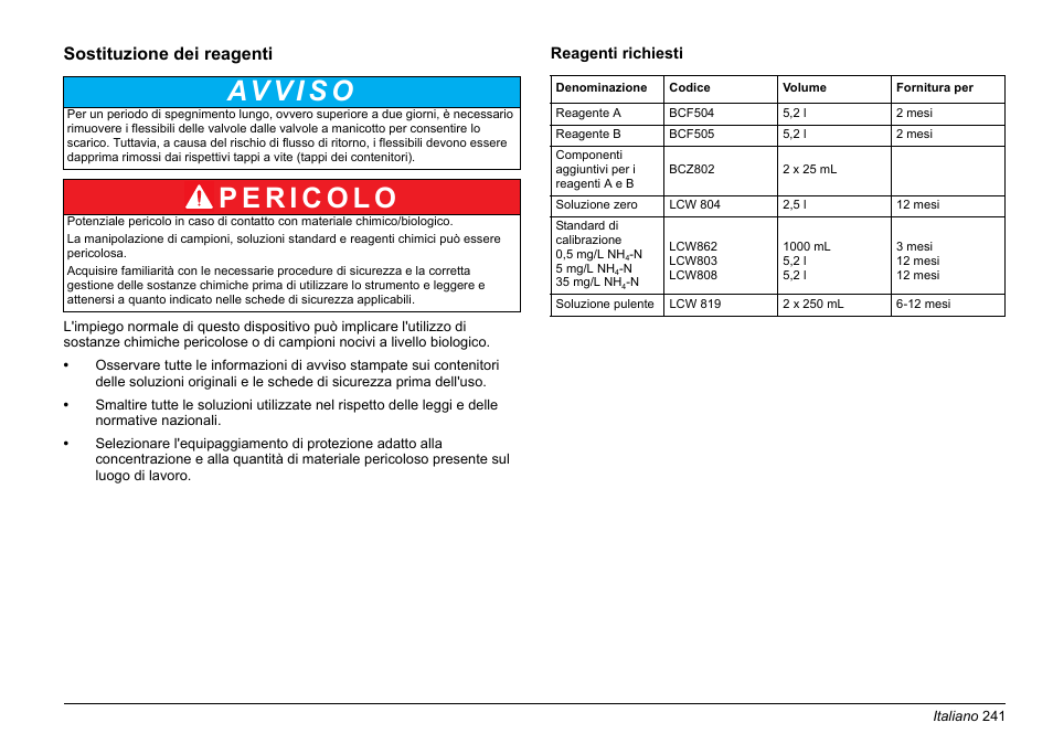 Riferimento alla, Sezione sostituzione dei reagenti | Hach-Lange AMTAX inter2 Basic User Manual User Manual | Page 241 / 377