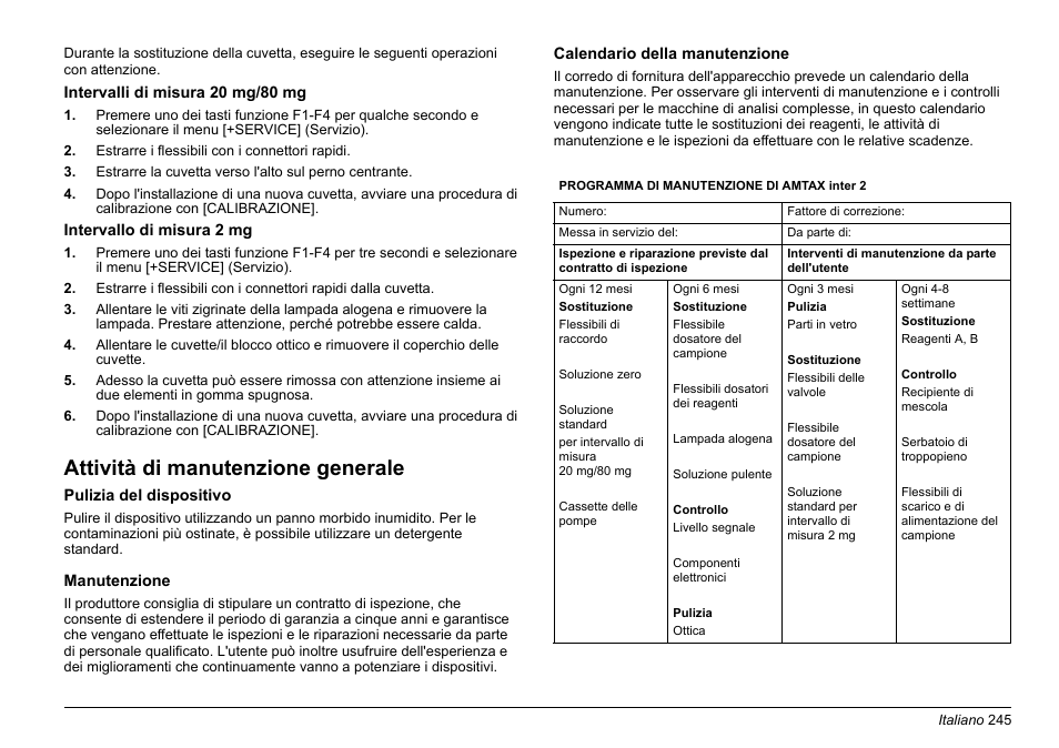 Sezione attività di manutenzione generale, Attività di manutenzione generale | Hach-Lange AMTAX inter2 Basic User Manual User Manual | Page 245 / 377