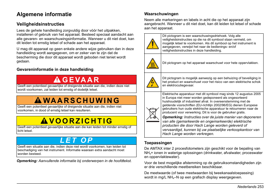 G e va a r, Algemene informatie | Hach-Lange AMTAX inter2 Basic User Manual User Manual | Page 253 / 377