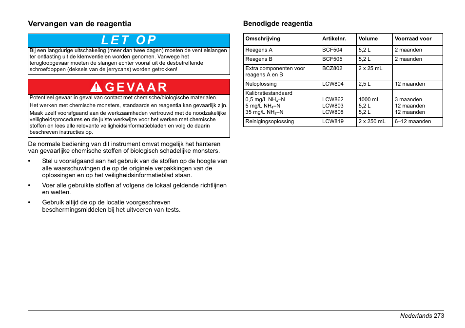 Paragraaf vervangen van de reagentia, Ucties onder, G e va a r | Hach-Lange AMTAX inter2 Basic User Manual User Manual | Page 273 / 377