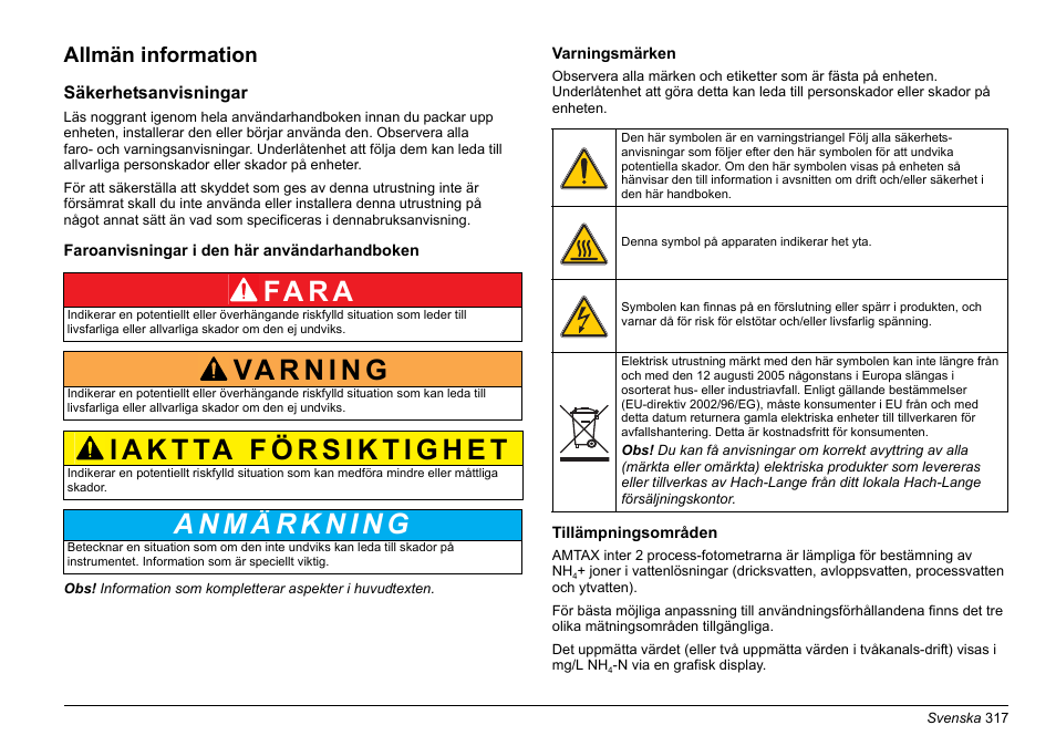 Fa r a, Allmän information | Hach-Lange AMTAX inter2 Basic User Manual User Manual | Page 317 / 377