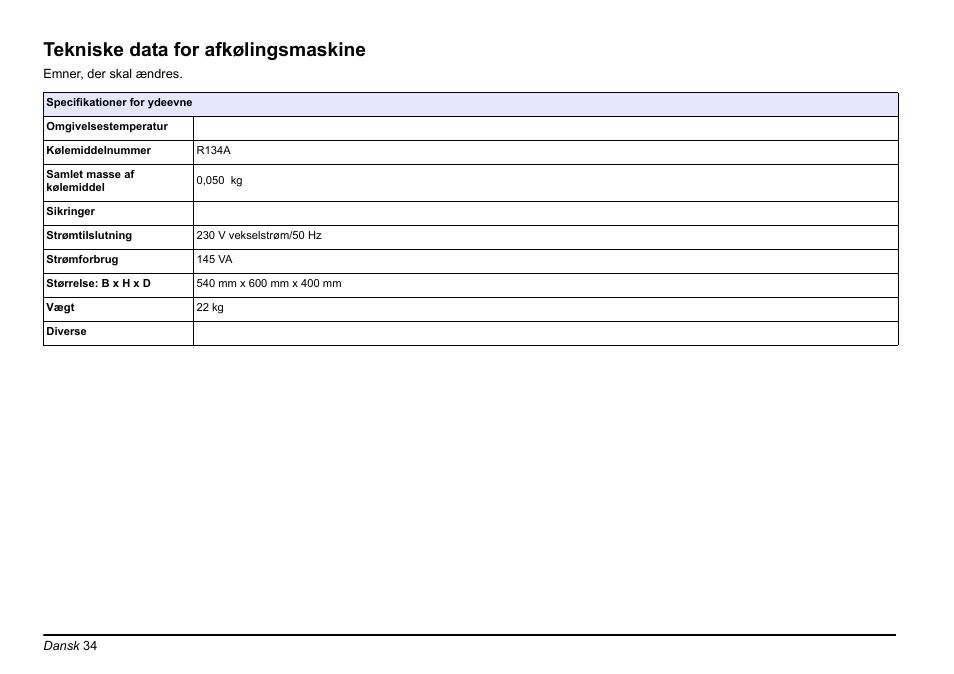Tekniske data for afkølingsmaskine | Hach-Lange AMTAX inter2 Basic User Manual User Manual | Page 34 / 377