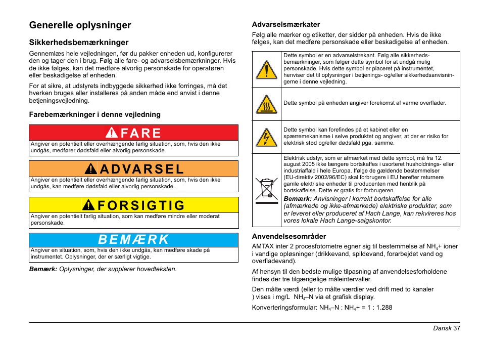 Fa r e, Generelle oplysninger | Hach-Lange AMTAX inter2 Basic User Manual User Manual | Page 37 / 377