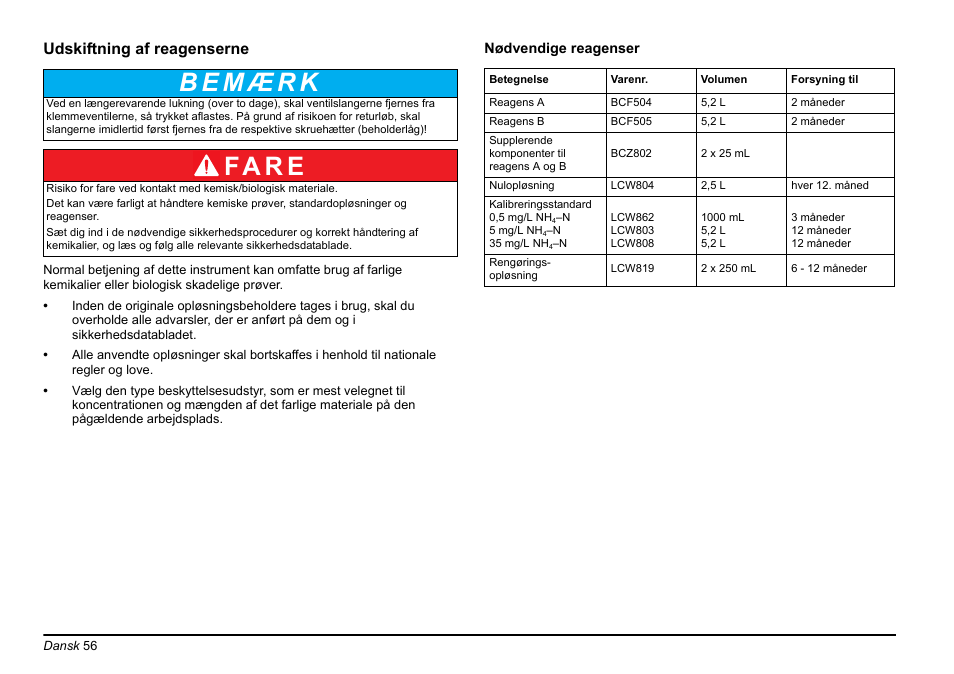 Afsnit udskiftning af reagenserne, Afsnit, Udskiftning af reagenserne | Afsnit udskiftning af, Reagenserne, Fa r e | Hach-Lange AMTAX inter2 Basic User Manual User Manual | Page 56 / 377