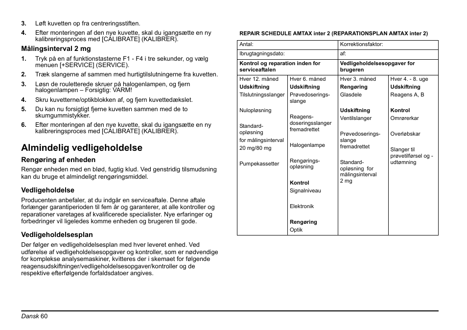 Afsnit almindelig, Vedligeholdelse, side 60, Almindelig vedligeholdelse | Hach-Lange AMTAX inter2 Basic User Manual User Manual | Page 60 / 377