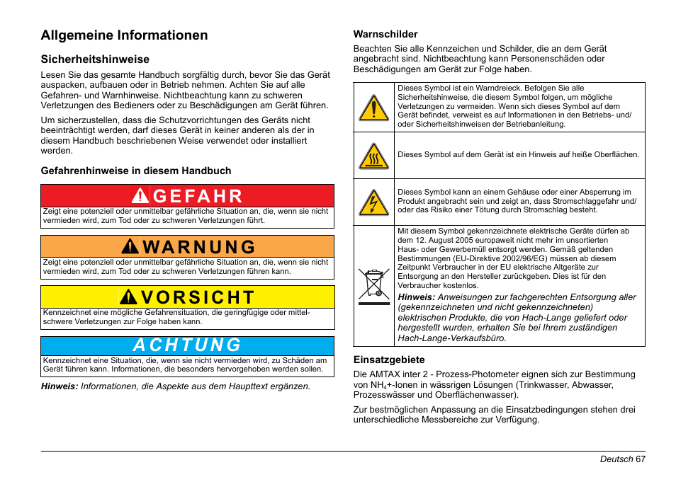 G e fa h r, Allgemeine informationen | Hach-Lange AMTAX inter2 Basic User Manual User Manual | Page 67 / 377