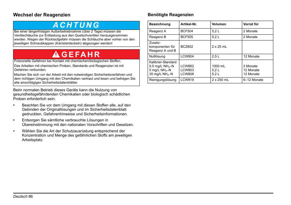 Kapitel wechsel der reagenzien, Nzien, Wechsel der | Reagenzien, seite 86, In de, G e fa h r | Hach-Lange AMTAX inter2 Basic User Manual User Manual | Page 86 / 377