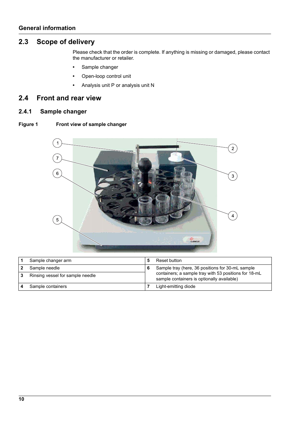 3 scope of delivery, 4 front and rear view, 1 sample changer | 3 scope of delivery 2.4 front and rear view | Hach-Lange GANIMEDE N User Manual | Page 10 / 60