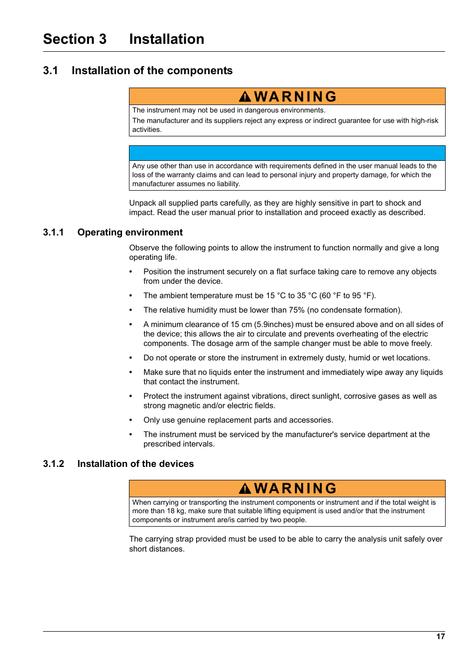 Section 3 installation, 1 installation of the components, 1 operating environment | 2 installation of the devices | Hach-Lange GANIMEDE N User Manual | Page 17 / 60