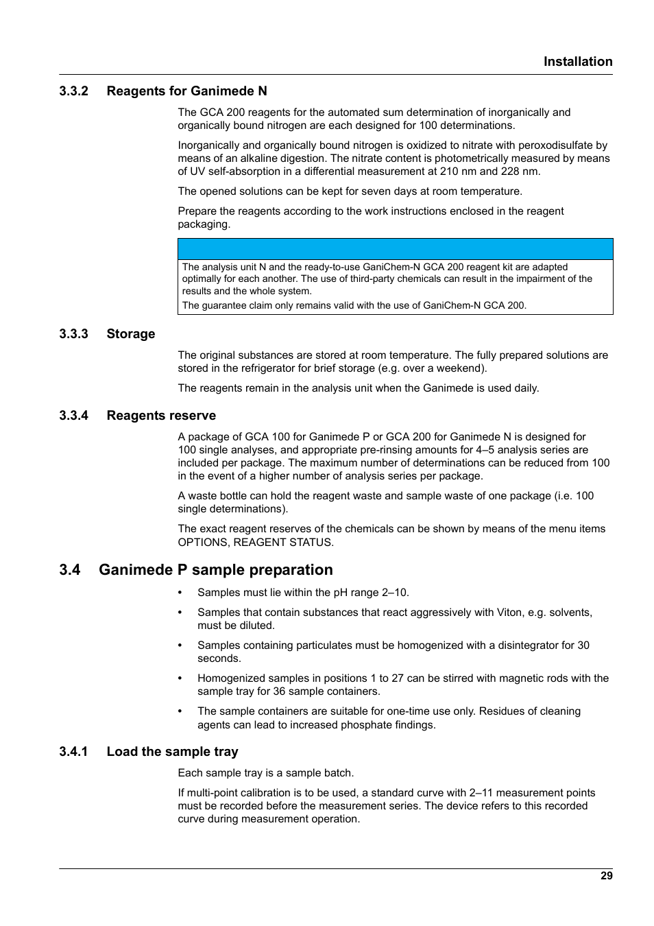 2 reagents for ganimede n, 3 storage, 4 reagents reserve | 4 ganimede p sample preparation, 1 load the sample tray | Hach-Lange GANIMEDE N User Manual | Page 29 / 60