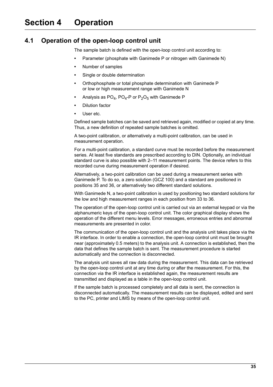 Section 4 operation, 1 operation of the open-loop control unit | Hach-Lange GANIMEDE N User Manual | Page 35 / 60