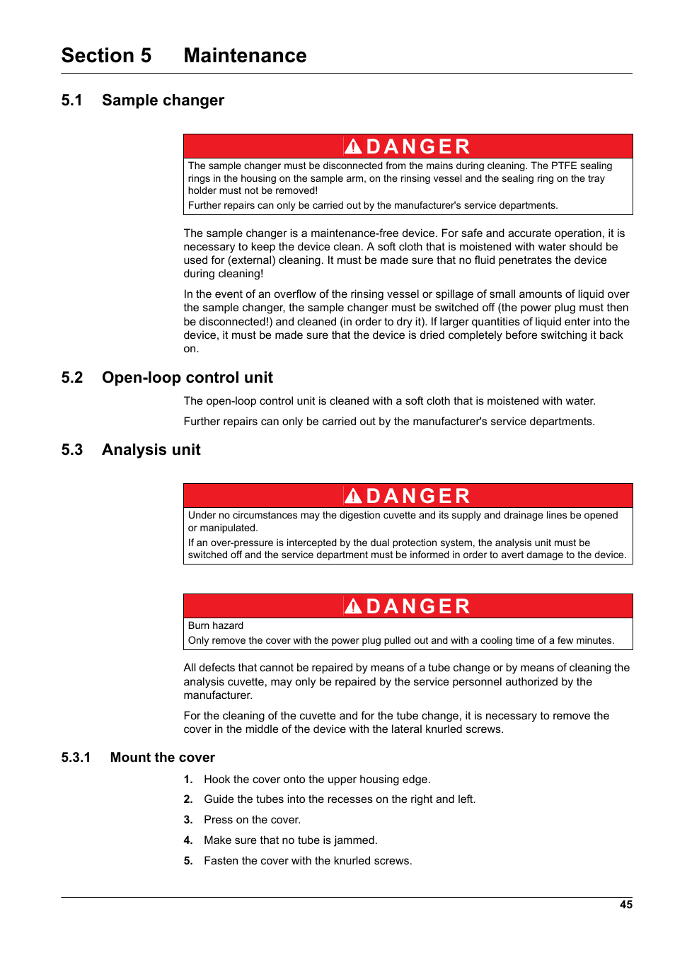 Section 5 maintenance, 1 sample changer, 2 open-loop control unit | 3 analysis unit, 1 mount the cover | Hach-Lange GANIMEDE N User Manual | Page 45 / 60