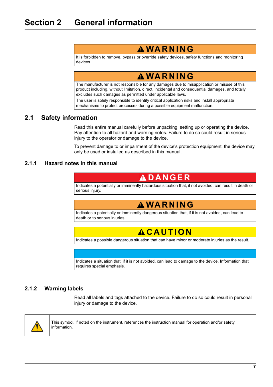 Section 2 general information, 1 safety information, 1 hazard notes in this manual | 2 warning labels, 1 hazard notes in this manual 2.1.2 warning labels | Hach-Lange GANIMEDE N User Manual | Page 7 / 60