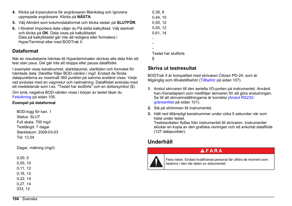 Dataformat, Skriva ut testresultat, Underhåll | Hach-Lange BODTrak II Basic User Manual User Manual | Page 104 / 172