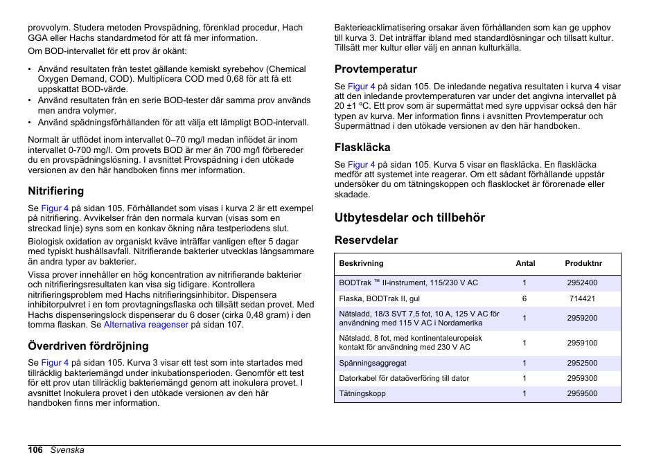 Nitrifiering, Överdriven fördröjning, Provtemperatur | Flaskläcka, Utbytesdelar och tillbehör, Reservdelar | Hach-Lange BODTrak II Basic User Manual User Manual | Page 106 / 172