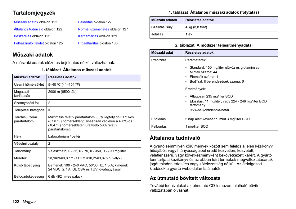 Alapvető felhasználói útmutató, Tartalomjegyzék, Műszaki adatok | Általános tudnivaló, Az útmutató bővített változata, Magyar | Hach-Lange BODTrak II Basic User Manual User Manual | Page 122 / 172
