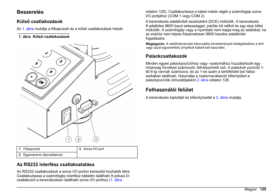 Beszerelés, Külső csatlakozások, Az rs232 interfész csatlakoztatása | Palackcsatlakozók, Felhasználói felület, Oldalon | Hach-Lange BODTrak II Basic User Manual User Manual | Page 125 / 172