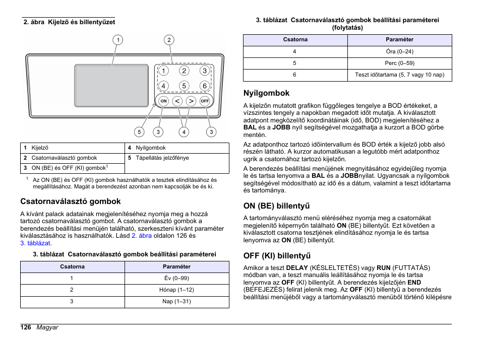 Csatornaválasztó gombok, Nyílgombok, On (be) billentyű | Off (ki) billentyű, Ábra, Oldalon, A berendezés kijelzőjét és billentyűzetét a, Mutatja | Hach-Lange BODTrak II Basic User Manual User Manual | Page 126 / 172