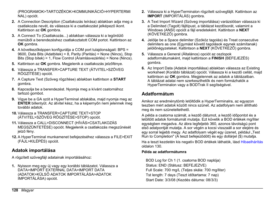 Adatok importálása, Adatformátum | Hach-Lange BODTrak II Basic User Manual User Manual | Page 128 / 172