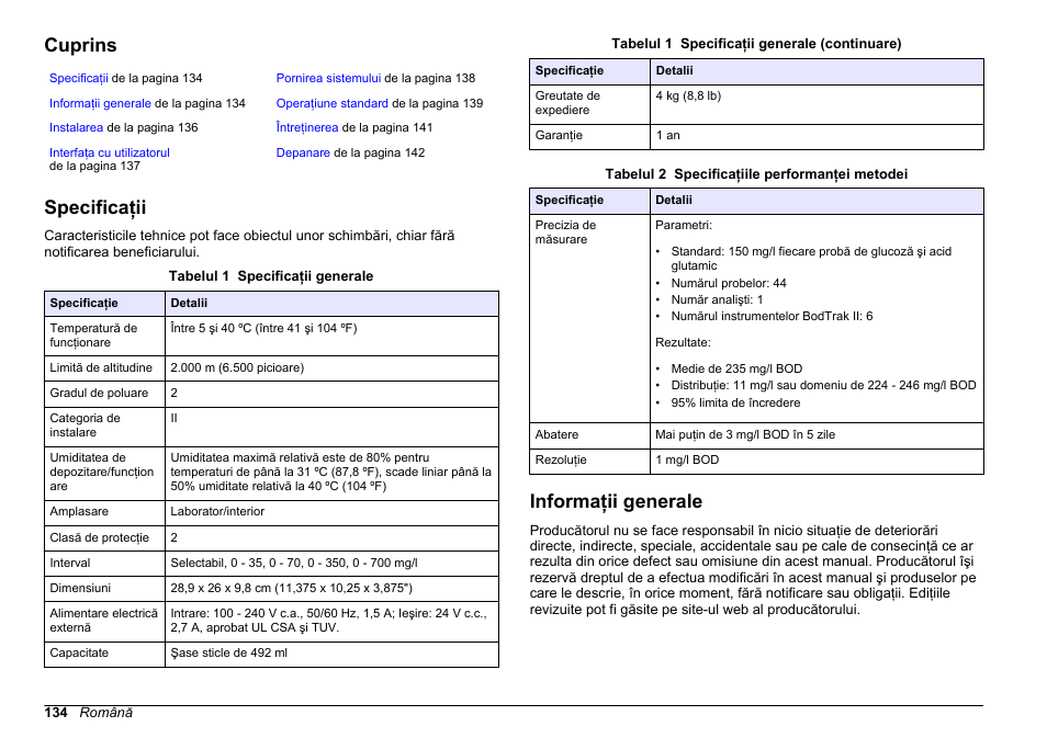 Manualul de bază al utilizatorului, Cuprins, Specificaţii | Informaţii generale, Română | Hach-Lange BODTrak II Basic User Manual User Manual | Page 134 / 172