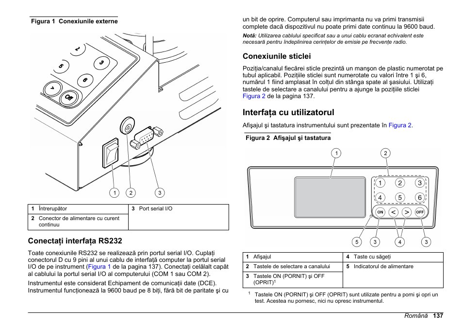 Conectaţi interfaţa rs232, Conexiunile sticlei, Interfaţa cu utilizatorul | Hach-Lange BODTrak II Basic User Manual User Manual | Page 137 / 172