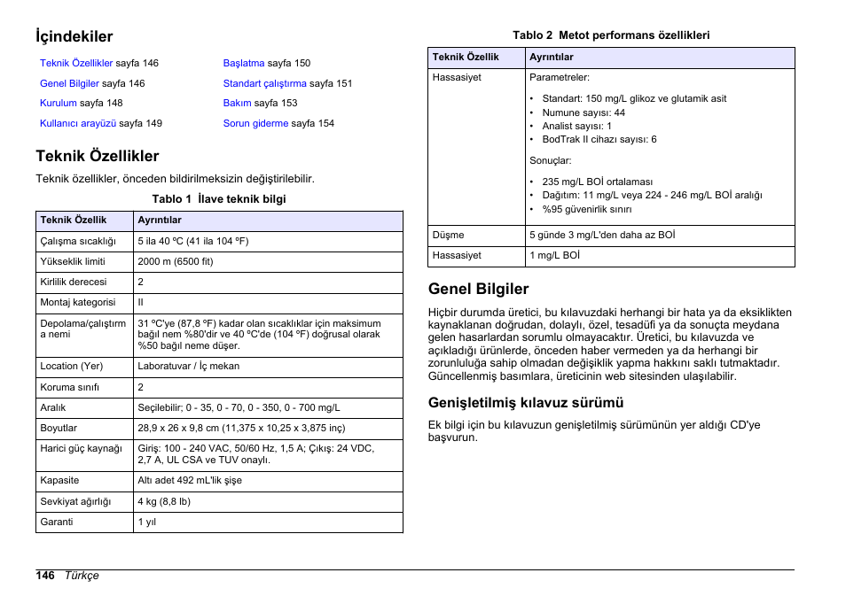 Temel kullanım kılavuzu, Içindekiler, Teknik özellikler | Genel bilgiler, Genişletilmiş kılavuz sürümü, Türkçe | Hach-Lange BODTrak II Basic User Manual User Manual | Page 146 / 172