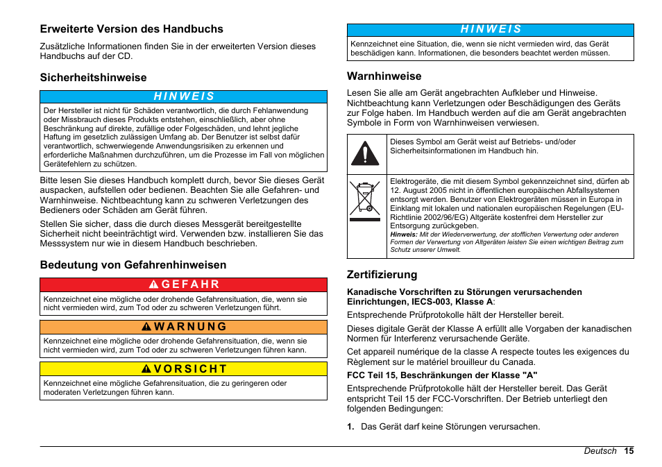 Erweiterte version des handbuchs, Sicherheitshinweise, Bedeutung von gefahrenhinweisen | Warnhinweise, Zertifizierung | Hach-Lange BODTrak II Basic User Manual User Manual | Page 15 / 172