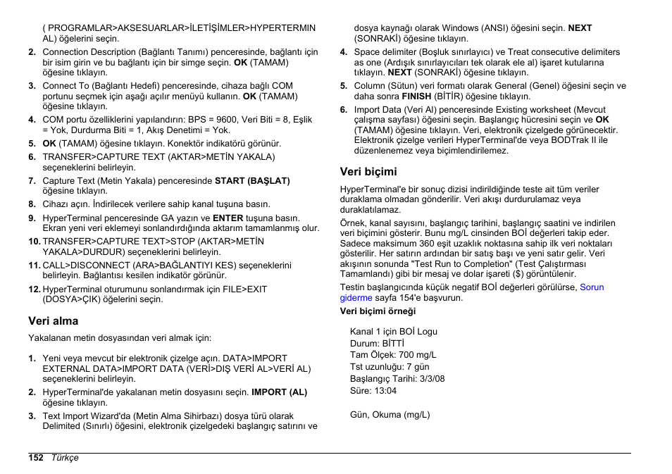 Veri alma, Veri biçimi | Hach-Lange BODTrak II Basic User Manual User Manual | Page 152 / 172