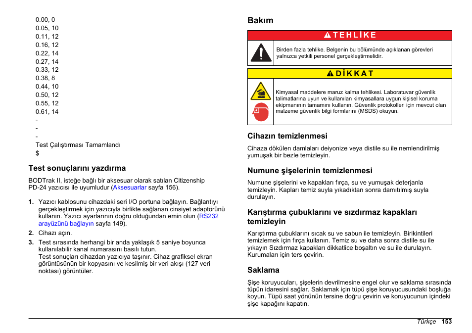 Test sonuçlarını yazdırma, Bakım, Cihazın temizlenmesi | Numune şişelerinin temizlenmesi, Saklama | Hach-Lange BODTrak II Basic User Manual User Manual | Page 153 / 172