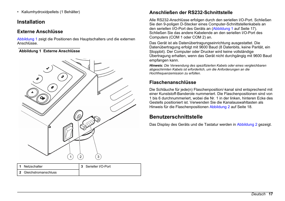 Installation, Externe anschlüsse, Anschließen der rs232-schnittstelle | Flaschenanschlüsse, Benutzerschnittstelle, Auf seite 17 | Hach-Lange BODTrak II Basic User Manual User Manual | Page 17 / 172