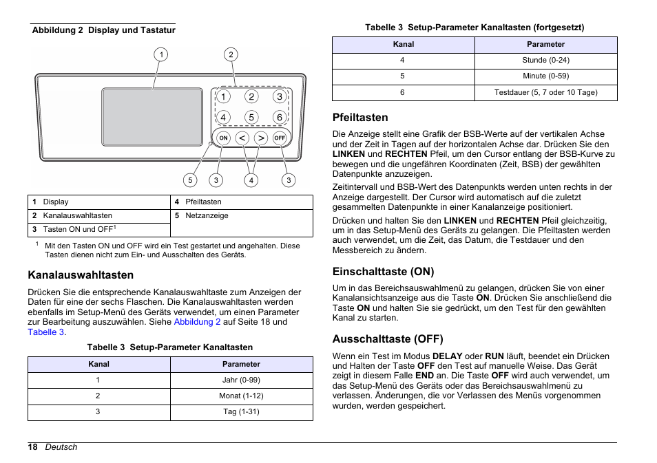 Kanalauswahltasten, Pfeiltasten, Einschalttaste (on) | Ausschalttaste (off), Hinweis für die flaschenpositionen, Abbildung 2, Auf seite 18, Das display des geräts und die tastatur werden in, Gezeigt | Hach-Lange BODTrak II Basic User Manual User Manual | Page 18 / 172