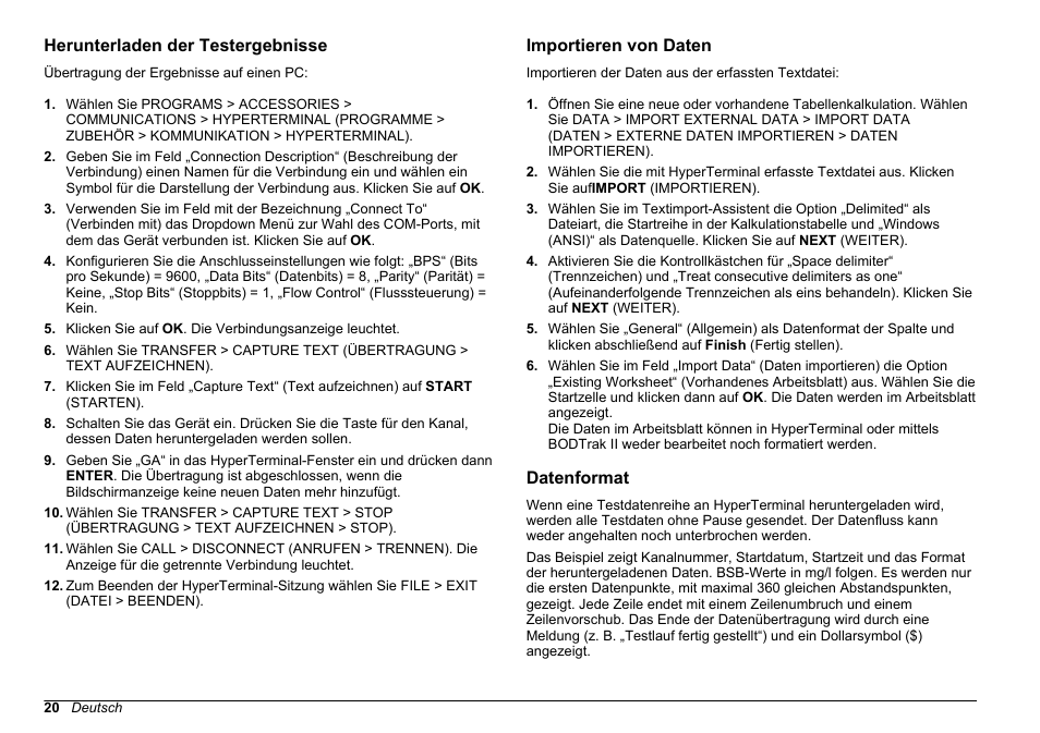 Herunterladen der testergebnisse, Importieren von daten, Datenformat | Hach-Lange BODTrak II Basic User Manual User Manual | Page 20 / 172