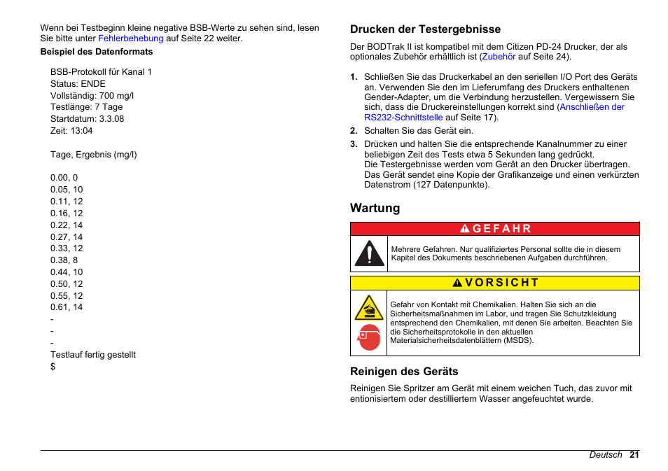 Drucken der testergebnisse, Wartung, Reinigen des geräts | Auf seite 21 | Hach-Lange BODTrak II Basic User Manual User Manual | Page 21 / 172