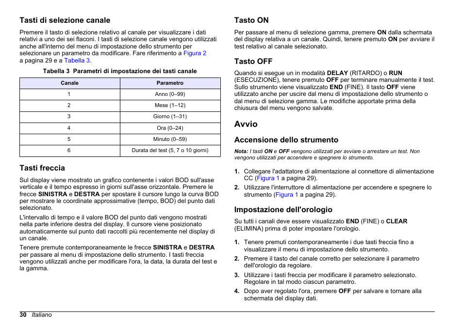 Tasti di selezione canale, Tasti freccia, Tasto on | Tasto off, Avvio, Accensione dello strumento, Impostazione dell'orologio | Hach-Lange BODTrak II Basic User Manual User Manual | Page 30 / 172