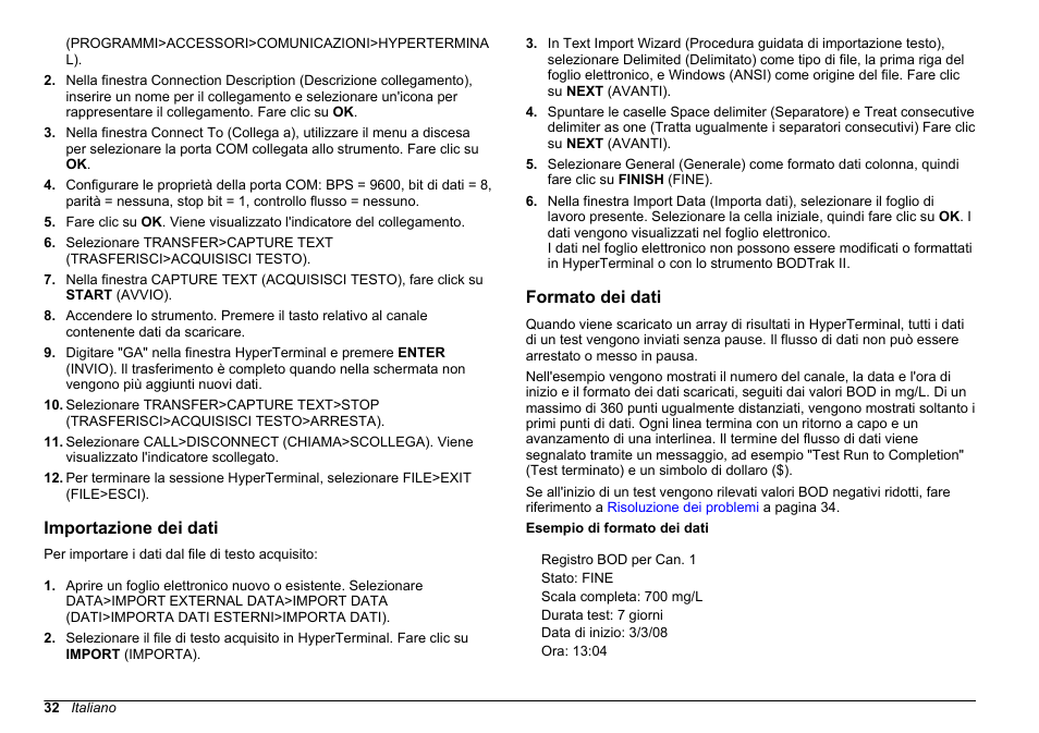 Importazione dei dati, Formato dei dati | Hach-Lange BODTrak II Basic User Manual User Manual | Page 32 / 172