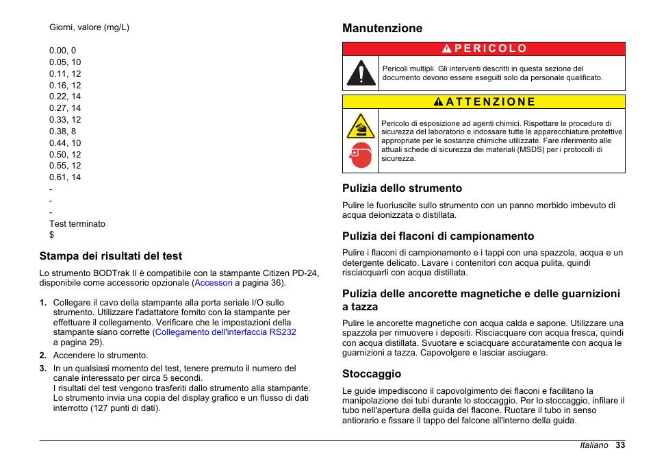 Stampa dei risultati del test, Manutenzione, Pulizia dello strumento | Pulizia dei flaconi di campionamento, Stoccaggio | Hach-Lange BODTrak II Basic User Manual User Manual | Page 33 / 172