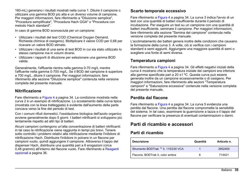 Nitrificazione, Scarto temporale eccessivo, Temperatura campioni | Perdita dal flacone, Parti di ricambio e accessori, Parti di ricambio | Hach-Lange BODTrak II Basic User Manual User Manual | Page 35 / 172