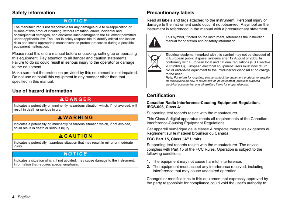 Safety information, Use of hazard information, Precautionary labels | Certification | Hach-Lange BODTrak II Basic User Manual User Manual | Page 4 / 172