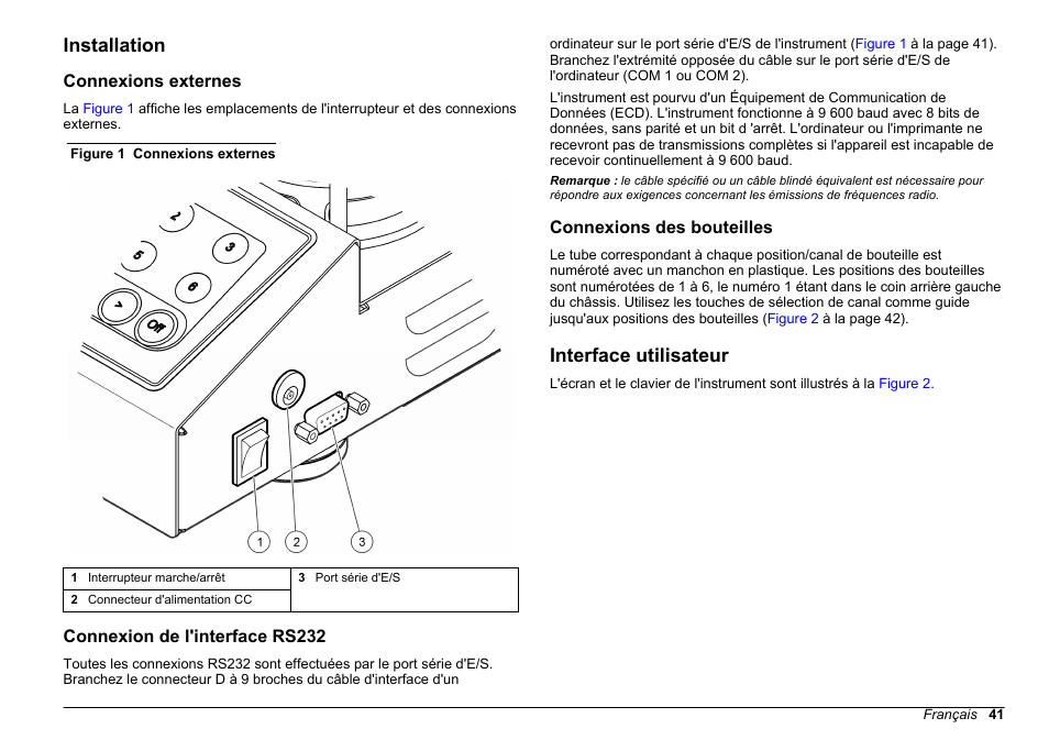 Installation, Connexions externes, Connexion de l'interface rs232 | Connexions des bouteilles, Interface utilisateur | Hach-Lange BODTrak II Basic User Manual User Manual | Page 41 / 172