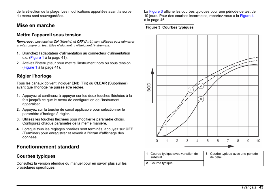 Mise en marche, Mettre l'appareil sous tension, Régler l'horloge | Fonctionnement standard, Courbes typiques | Hach-Lange BODTrak II Basic User Manual User Manual | Page 43 / 172