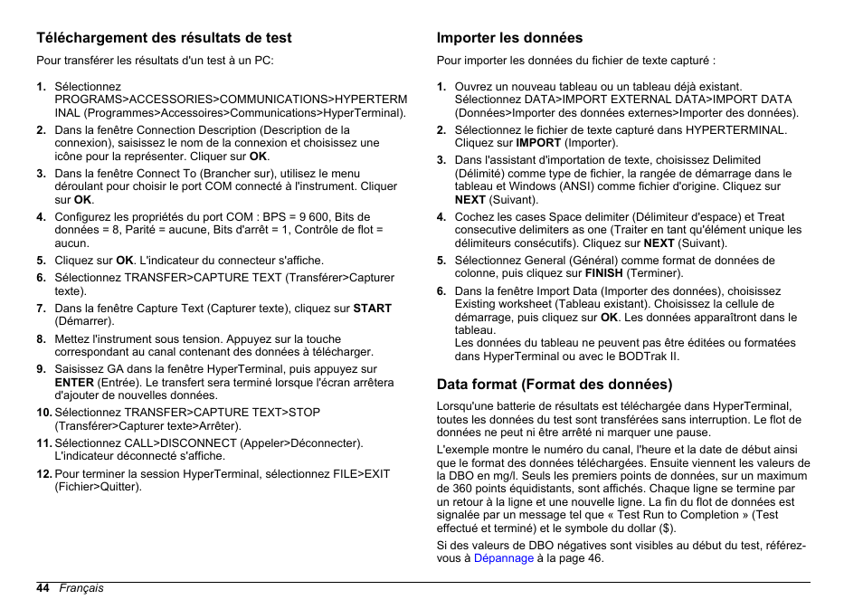 Téléchargement des résultats de test, Importer les données, Data format (format des données) | Hach-Lange BODTrak II Basic User Manual User Manual | Page 44 / 172