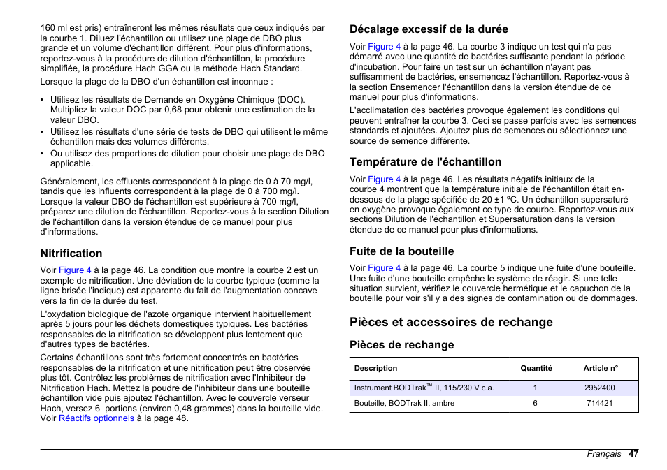 Nitrification, Décalage excessif de la durée, Température de l'échantillon | Fuite de la bouteille, Pièces et accessoires de rechange, Pièces de rechange | Hach-Lange BODTrak II Basic User Manual User Manual | Page 47 / 172