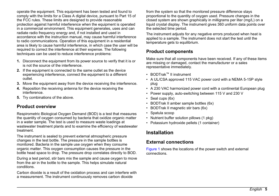 Product overview, Product components, Installation | External connections | Hach-Lange BODTrak II Basic User Manual User Manual | Page 5 / 172