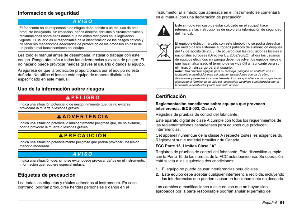 Información de seguridad, Uso de la información sobre riesgos, Etiquetas de precaución | Certificación | Hach-Lange BODTrak II Basic User Manual User Manual | Page 51 / 172