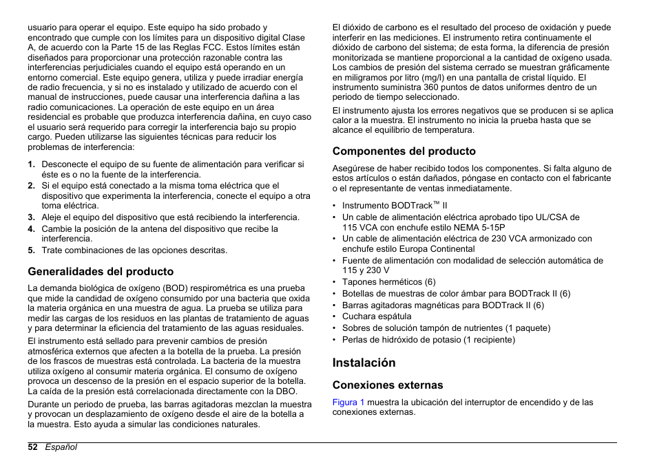 Generalidades del producto, Componentes del producto, Instalación | Conexiones externas | Hach-Lange BODTrak II Basic User Manual User Manual | Page 52 / 172