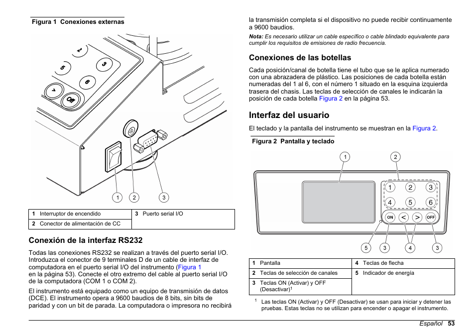 Conexión de la interfaz rs232, Conexiones de las botellas, Interfaz del usuario | Hach-Lange BODTrak II Basic User Manual User Manual | Page 53 / 172