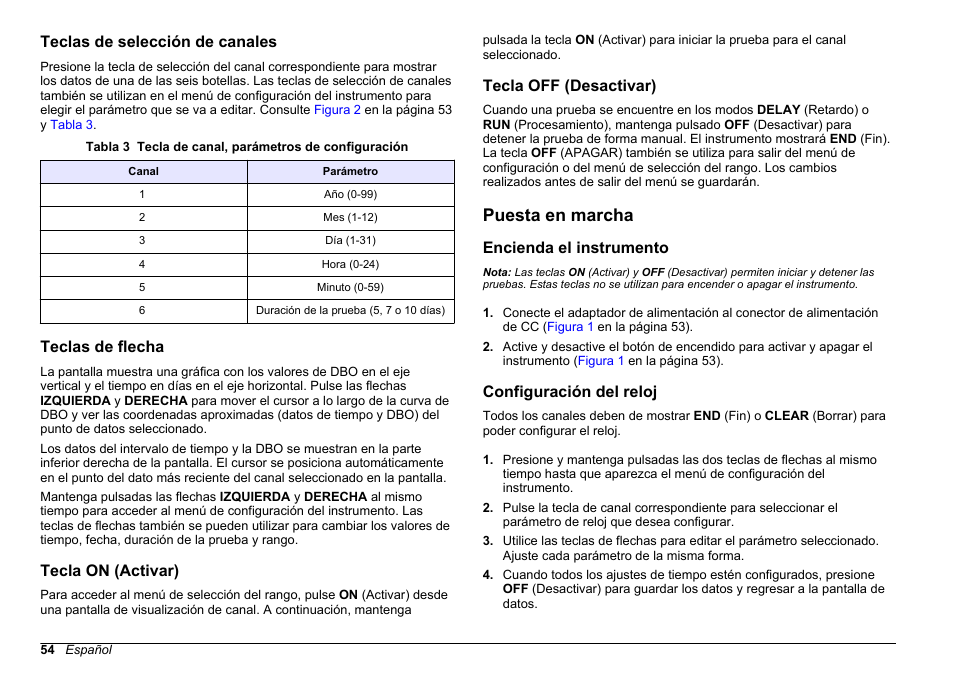 Teclas de selección de canales, Teclas de flecha, Tecla on (activar) | Tecla off (desactivar), Puesta en marcha, Encienda el instrumento, Configuración del reloj | Hach-Lange BODTrak II Basic User Manual User Manual | Page 54 / 172