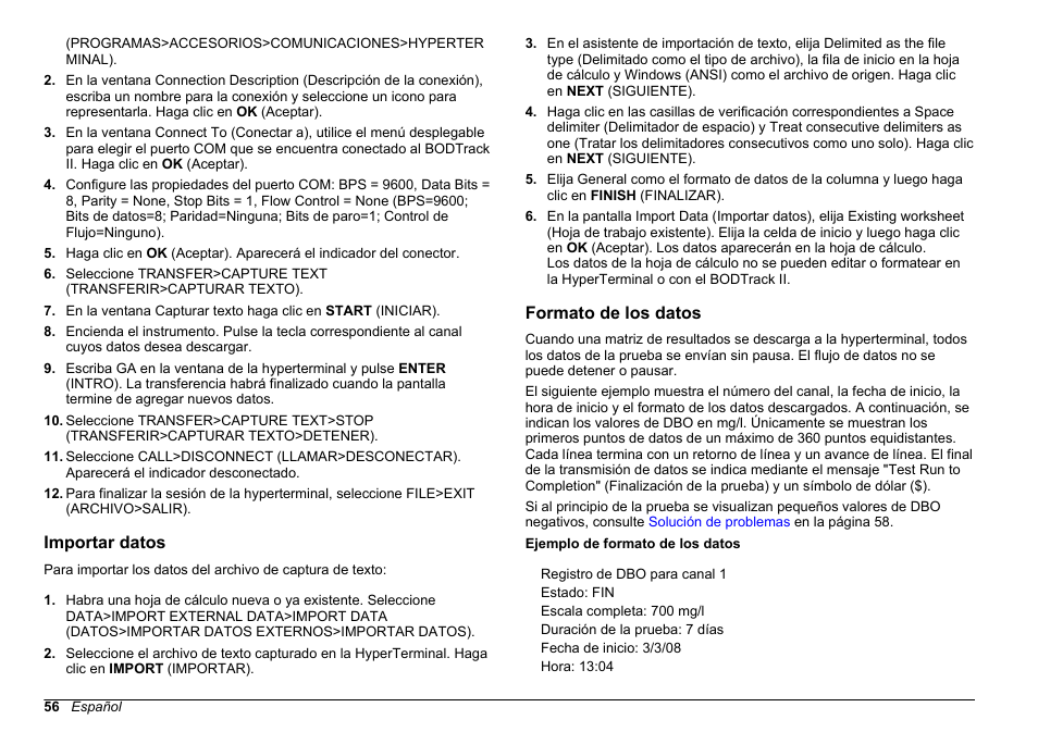 Importar datos, Formato de los datos | Hach-Lange BODTrak II Basic User Manual User Manual | Page 56 / 172