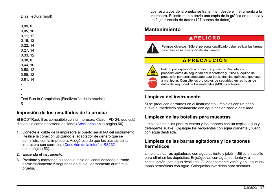 Impresión de los resultados de la prueba, Mantenimiento, Limpieza del instrumento | Limpieza de las botellas para muestras | Hach-Lange BODTrak II Basic User Manual User Manual | Page 57 / 172