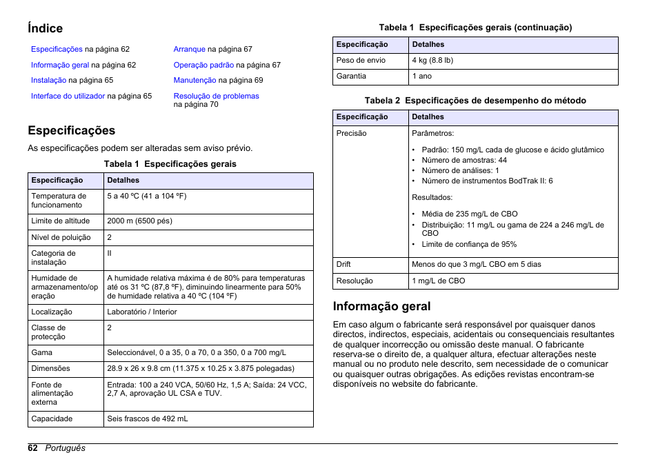 Manual de operações básicas, Índice, Especificações | Informação geral, Português | Hach-Lange BODTrak II Basic User Manual User Manual | Page 62 / 172